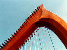 top of wooden harp with strings